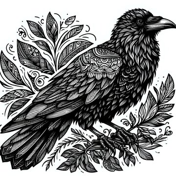 recommend clip art: A detailed illustration of a raven perched among decorative foliage in a monochrome design showcasing intricate line work