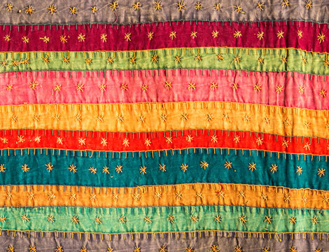 USA, New Mexico, Sante Fe. Hand sewn and stitched colorful fabrics in Sante Fe.