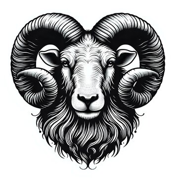 Intricate black and white illustration of a ram with large horns and a flowing beard, showcasing detailed line work