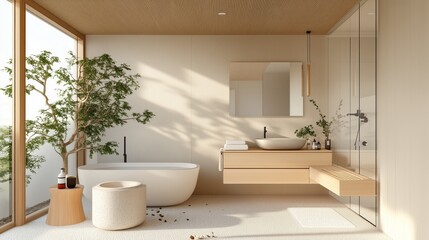 Fototapeta premium Scandinavian-Japanese fusion bathroom. The minimalistic and organic aspects of Japanese design. The room is very clean and well-lit.