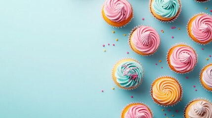 vibrant assortment of colorful cupcakes on pastel blue background