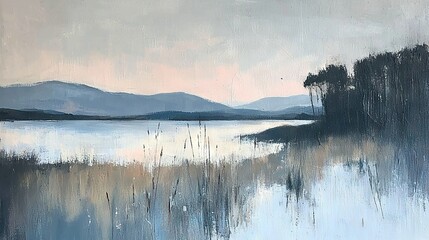 Fototapeta premium A painting of a serene body of water surrounded by towering trees and majestic mountains in the background, capped with fluffy white clouds in the sky