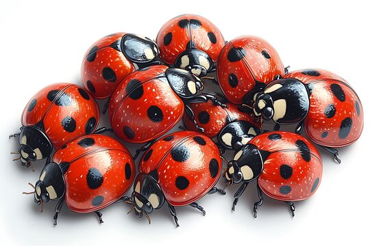 A group of stylized ladybugs huddle together, their vibrant red shells and black spots popping against a white background.