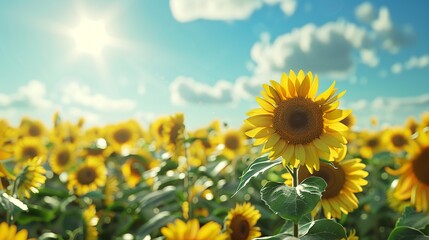 Fototapeta premium Beautiful field of sunflowers on blue sky background