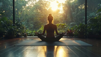 Peaceful nature scene with a person practicing yoga outdoors, surrounded by lush greenery and tranquility