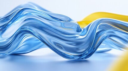   A blue and yellow wave of liquid on a white surface with a yellow object in the foreground and a yellow object in the background