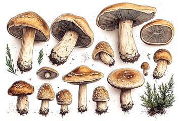 A colorful cartoon illustration of various halved mushrooms on a white background.
