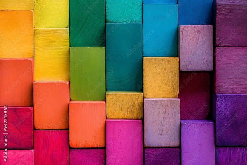 Poster vibrant wooden block structure symbolizing growth and development in a creative setting