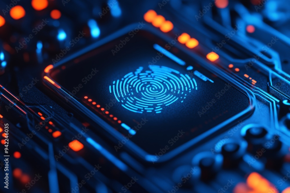 Poster closeup of a digital fingerprint scanner for biometric security and identity verification systems