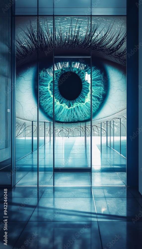 Poster advanced eye print scan access control system at office entrance for enhanced security measures