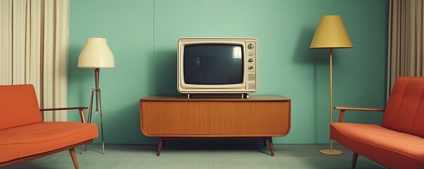 1970s living room with muted colors and film grain, retro home, vintage decor