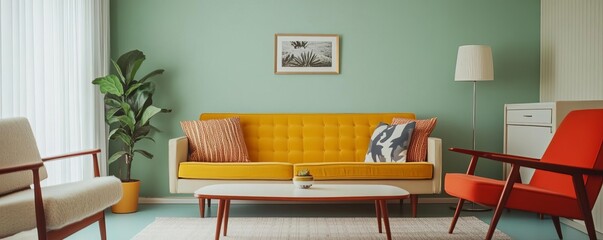 1970s living room with muted colors and film grain, retro home, vintage decor