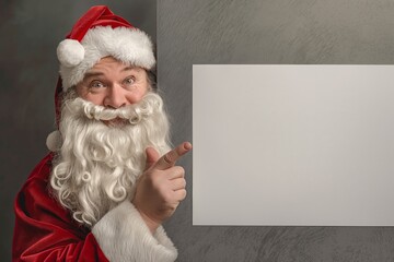 This Santa Claus image shows him in his iconic red and white suit, pointing at a blank sign. Perfect for Christmas ads and promotions, spreading festive cheer during the holiday season