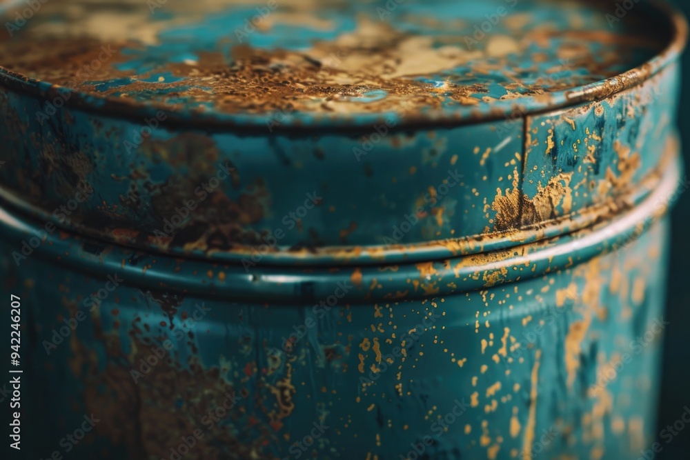 Aufkleber A close-up view of a metal container with rusty surface, suitable for use in industrial or abandoned settings