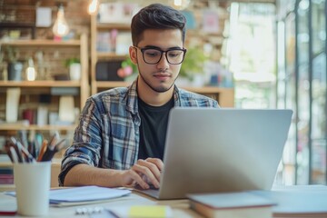 Young graphic designer working in office studio with laptop computer and creative tools