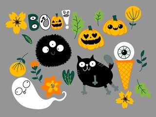 Halloween animals setcats and pumpkins pattern for wrapping paper