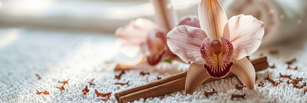 Close-up of a flower and cinnamon on a towel in an upscale spa environment, ideal for indulgence and relaxation with floral arrangements and wellness items showcased.
