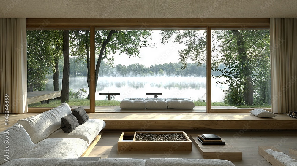 Poster   A spacious living room boasts a cozy couch, a sturdy dining table, and a stunning large window overlooking a serene lake in the distance (23 tokens