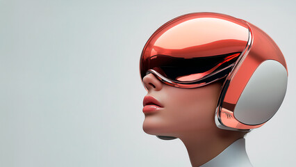Futuristic profile of a woman wearing a VR sleek, reflective helmet with a minimalist design, embodying modern technology, innovation, and cutting-edge style.  

