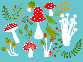 Cartoon autumn harvest set Halloween mushrooms pattern