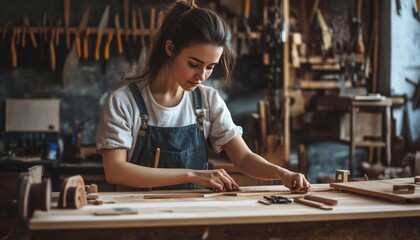 Young female carpenter skillfully crafting wood projects in a carpentry workshop environment