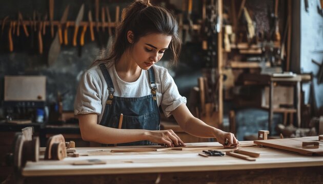 Young female carpenter skillfully crafting wood projects in a carpentry workshop environment
