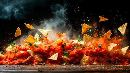 Dynamic and appetizing scene with nacho chips exploding from a pile of salsa