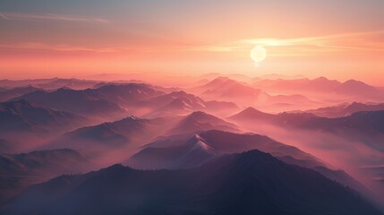 A mountain range with a sun setting behind it