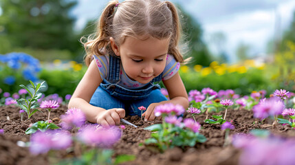 Young girl is gently planting flowers in her family's garden
