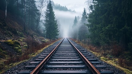 A serene railway track winding through a misty forest landscape.