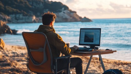 Man working remotely at a beach desk with a computer  a perfect blend of work and relaxation