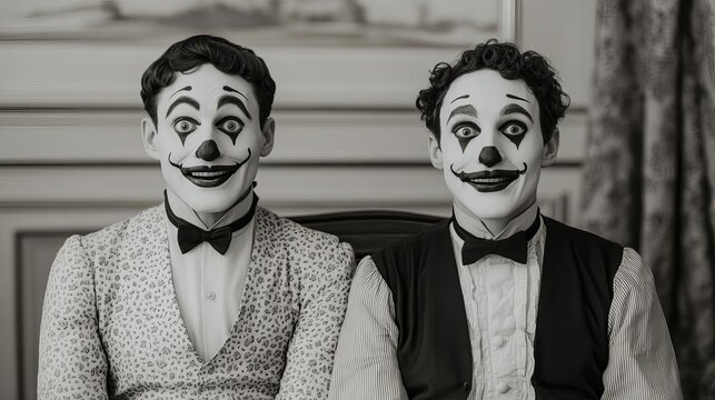 Silent film-inspired comedy scene with slapstick humor, black-and-white, timeless fun
