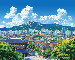 Fototapeta premium Stunning Cityscape of Seoul: High-Rise Buildings, Traditional Architecture, and Scenic Mountain Backdrop Under Vibrant Blue Skies