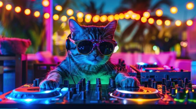 Cool Cat DJ Mixing Music Under the Neon Lights