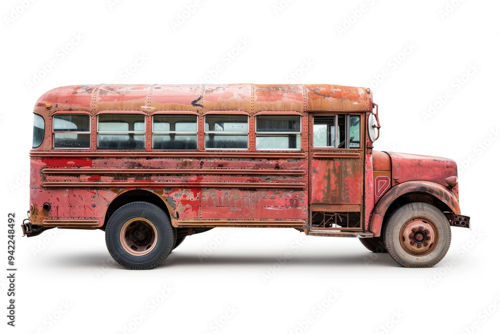 Poster an old red school bus sits on a white floor, providing a unique and nostalgic backdrop for various u