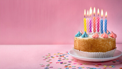 Birthday Cake with Candles isolated on pink background
