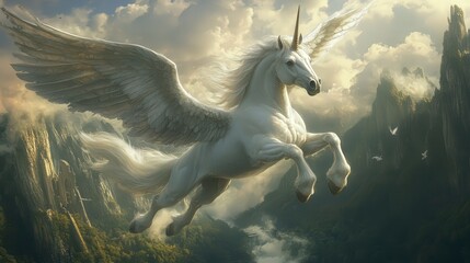 Fototapeta premium Enchanting World of Mythical Creatures: Captivating Images of Unicorns, Griffins, and More in Untouched Settings
