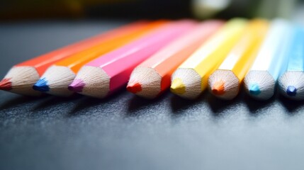 
Close-up of vibrant colored pencils arranged in a row on a dark surface, showcasing their sharpened tips and bright hues in a detailed and artistic composition.