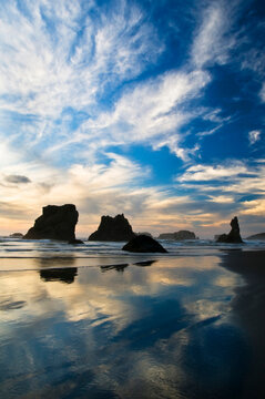 USA, Oregon, Bandon Beach. Sea stacks at twilight. 