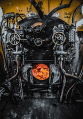 Real working steam powered locomotive engine interior