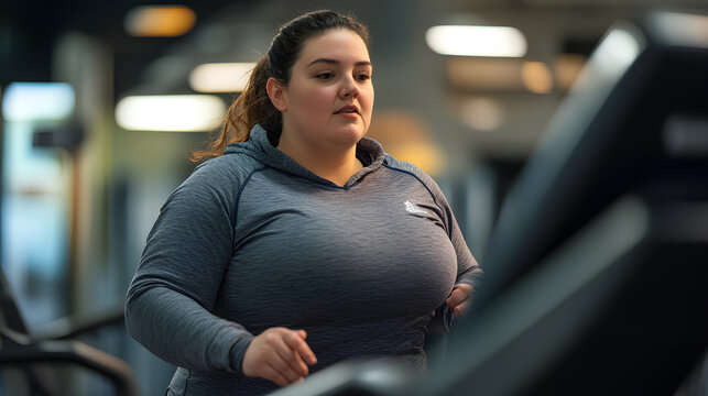 Mujer gorda, obesa corriendo en una cinta de correr en un gimnasio moderno. Su rostro est&aacute; sonrojado y sudoroso, mostrando esfuerzo y determinaci&oacute;n en un entorno oscuro y realista.