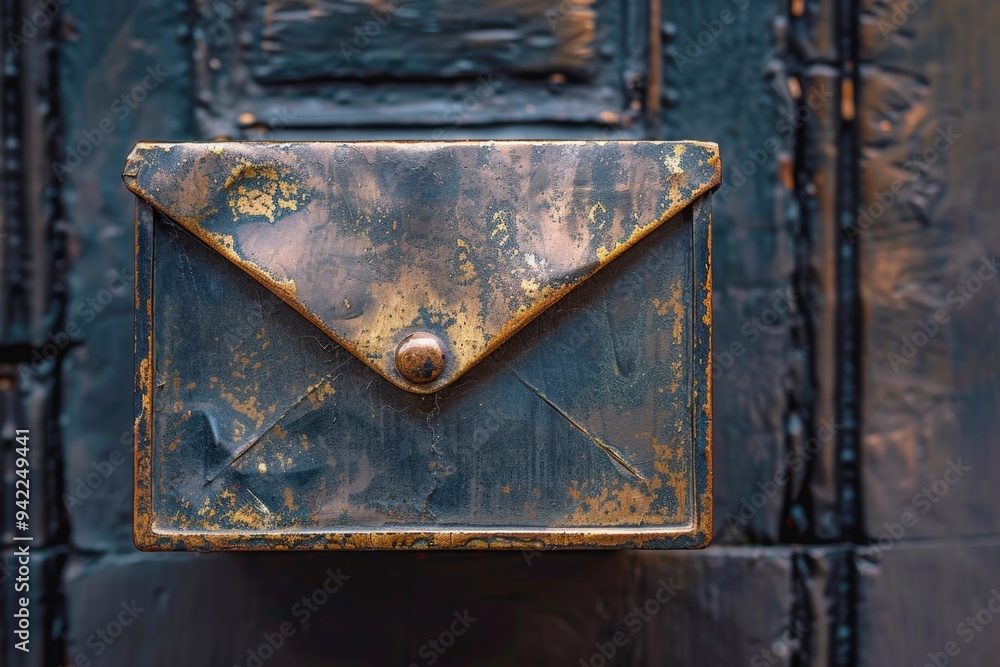 Poster a close-up shot of a metal mailbox with rusty details and a worn-out surface