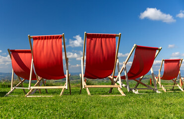 Many sun bed lounge outdoor in background mountain scene