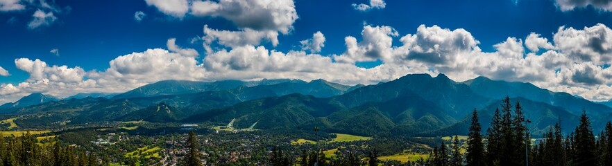 Panorama viw beautiflul Tatra mountains with Zakopane city