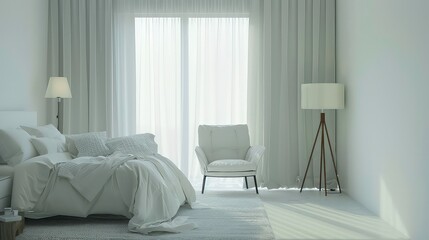 Minimalist bedroom interior design with white bed, armchair, floor lamp, and curtains.