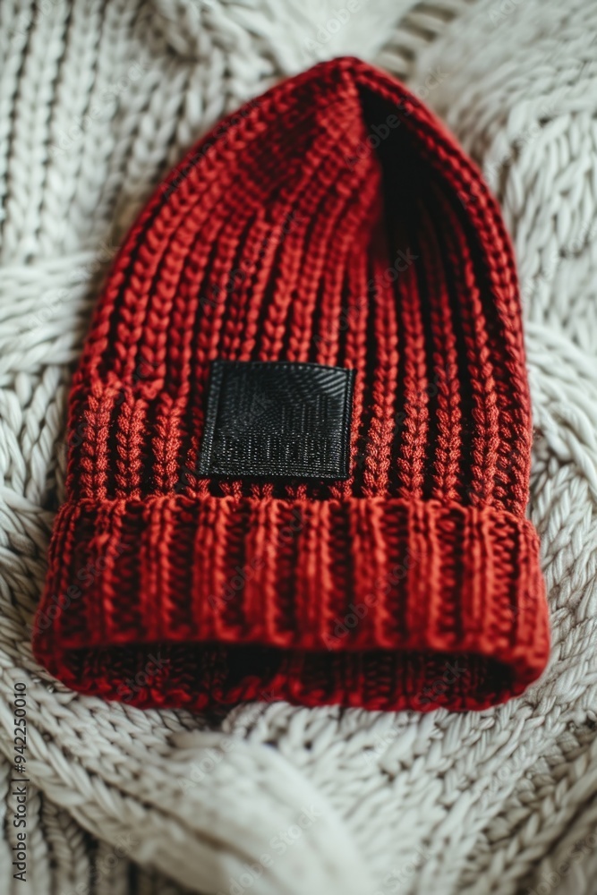 Sticker A close-up of a red knitted beanie featuring a leather patch on the front