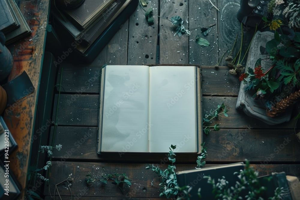 Poster a book opens on a wooden table with a calm and quiet atmosphere