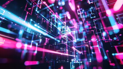 Abstract digital art with glowing neon lights and geometric shapes.