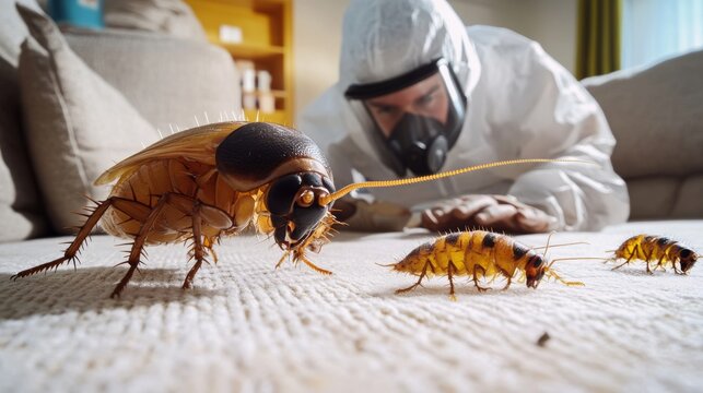 Professional exterminator spraying insecticide to eliminate roaches in home environment