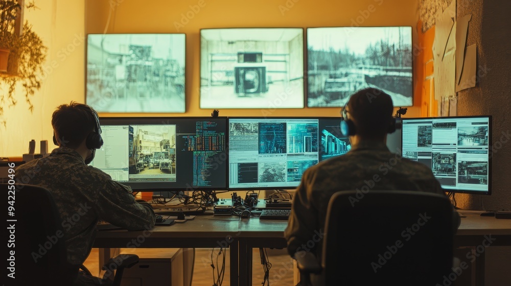 Poster military surveillance personnel analyzing data on computers in central security control office